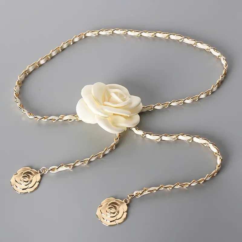 Fashion Leather Lock Big Rose Flower Tassel Belts Chain For Women Luxury Design Dress Accessories