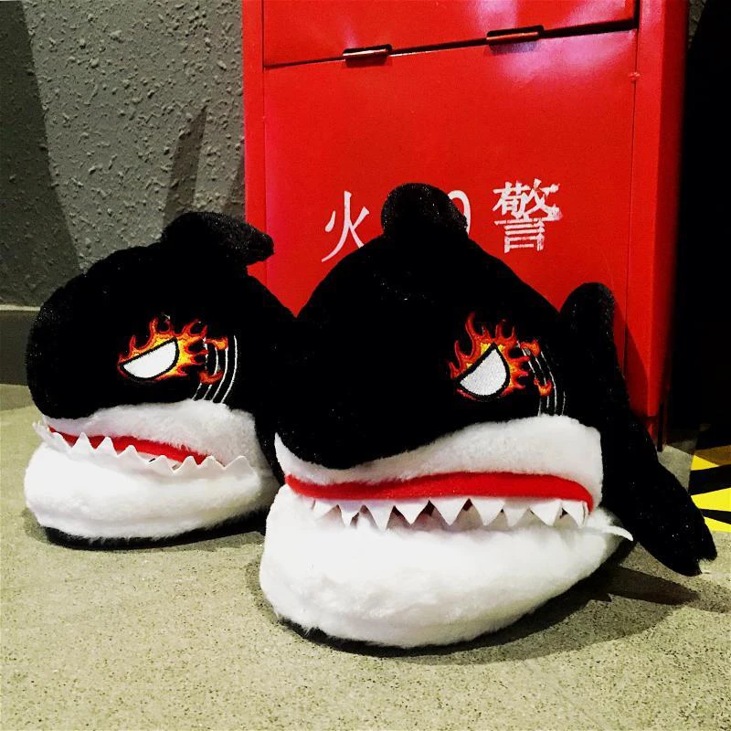 Korean style cartoon plush shark slippers for men  women, super fluffy soft as clouds, cute warm flat heel house slippers,winter