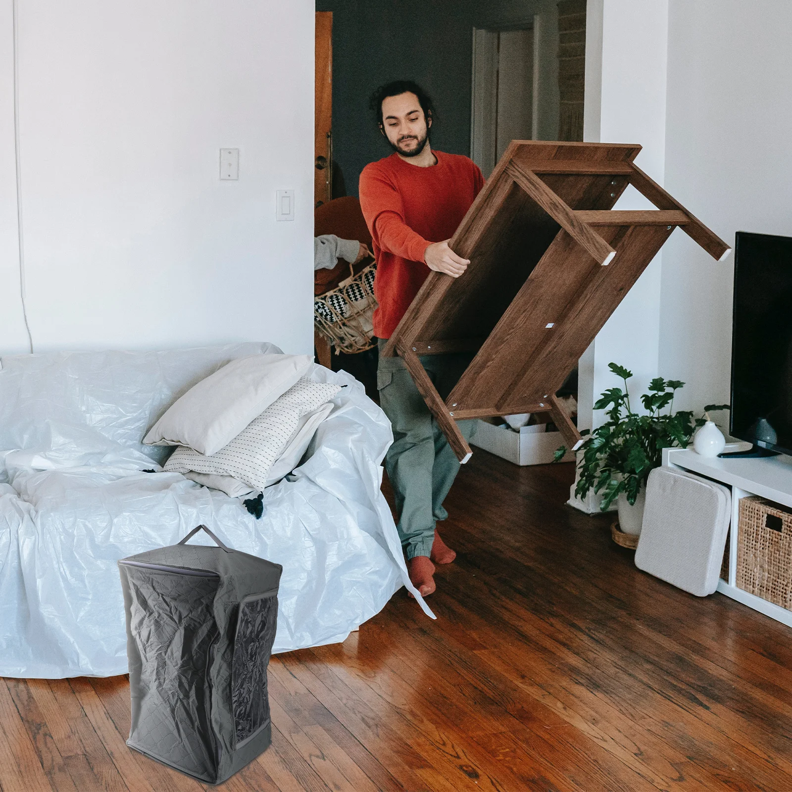 

69L Clothes Storage Bag Organizer Grey Foldable Anti-Bacterial Bamboo Charcoal Fiber Transparent Window Clothes Storage