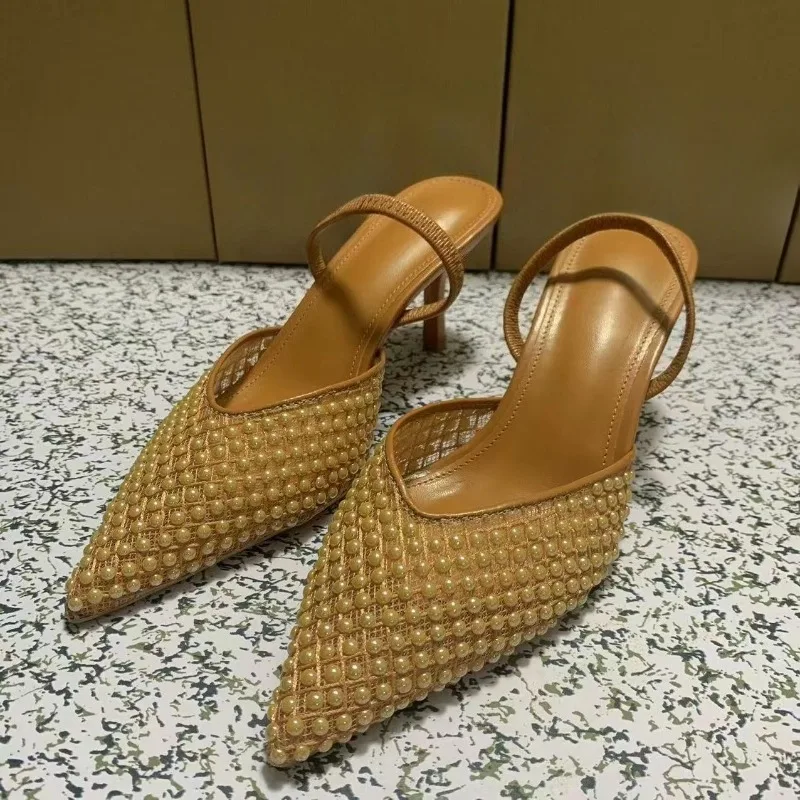 

Летние женские босоножки на высоком каблуке с открытой пяткой, новый дизайн, два способа ношения, брендовые туфли с острым носком, вечерние туфли для выпускного вечера для женщин