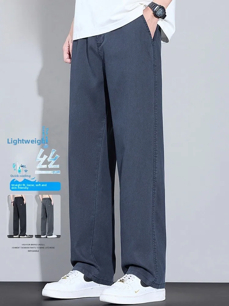 

Мужские летние легкие дышащие шелковые повседневные брюки свободного кроя с прямыми штанинами, комфортные повседневные брюки
