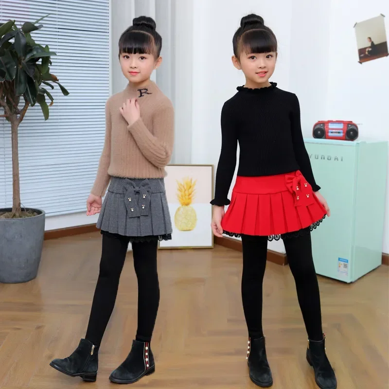 Winter Girls Warm Skirts Pants For Kids Patchwork Bowknot Princess Leggings Kids Dance Pants Cake Skirt Trousers