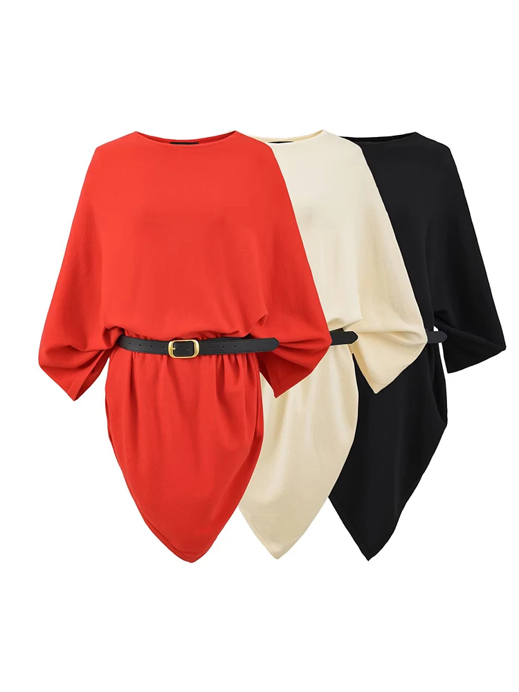 

Women Loose Knitted Pullovers Solid Color Crew Neck Fashion Sweaters With Belt