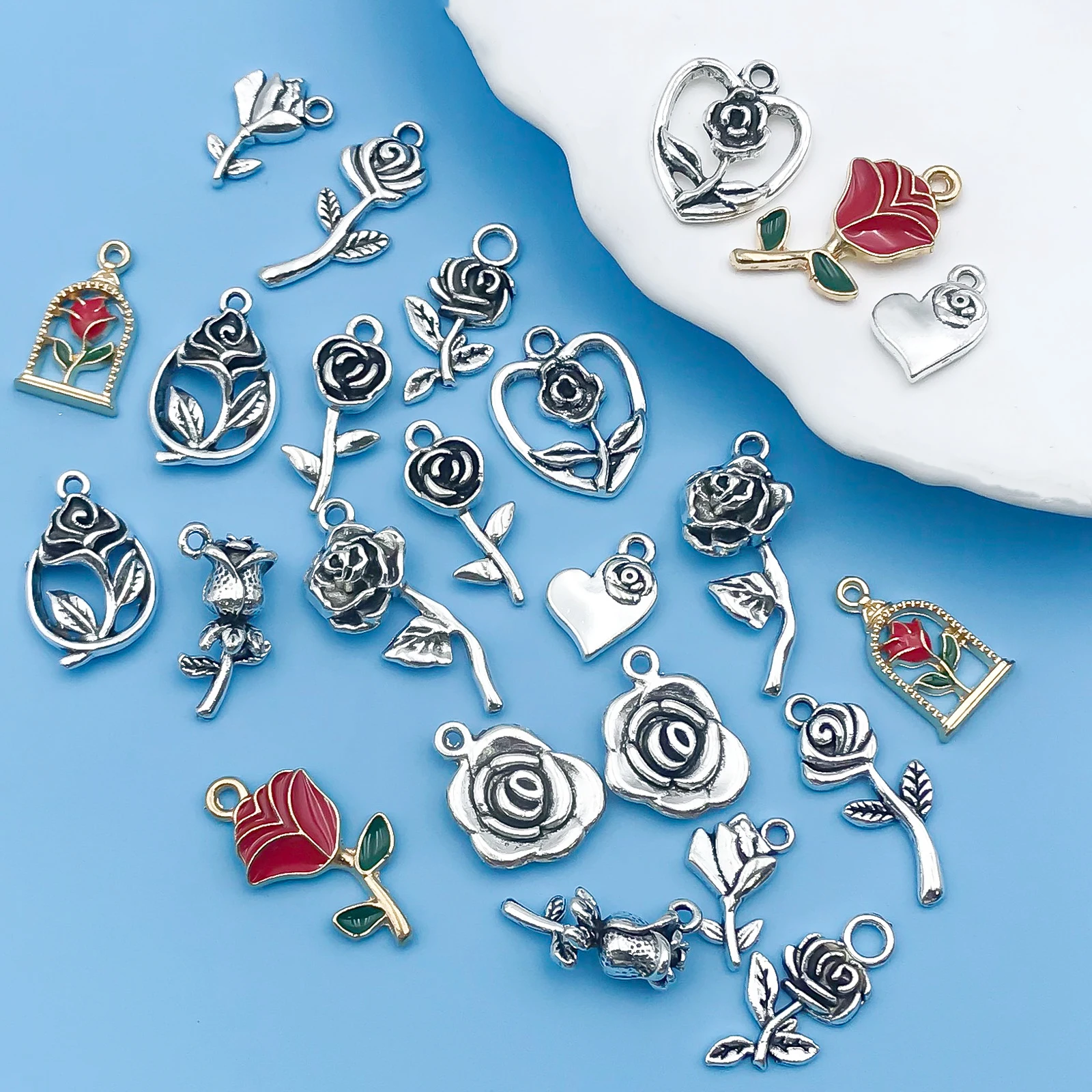 10/24Pcs/Pack Romantic Vintage Rose Flower Chaems Alloy Small Pendants for Jewelry Making Findings Crafting Accessory