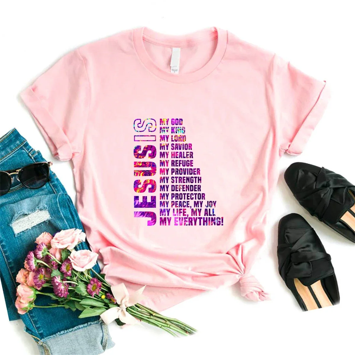 Watercolor Jesus Is My God/King/Lord/Life Letter Printed T Shirt Women Summer Fashion Short Sleeve T-Shirt White Casual Tops