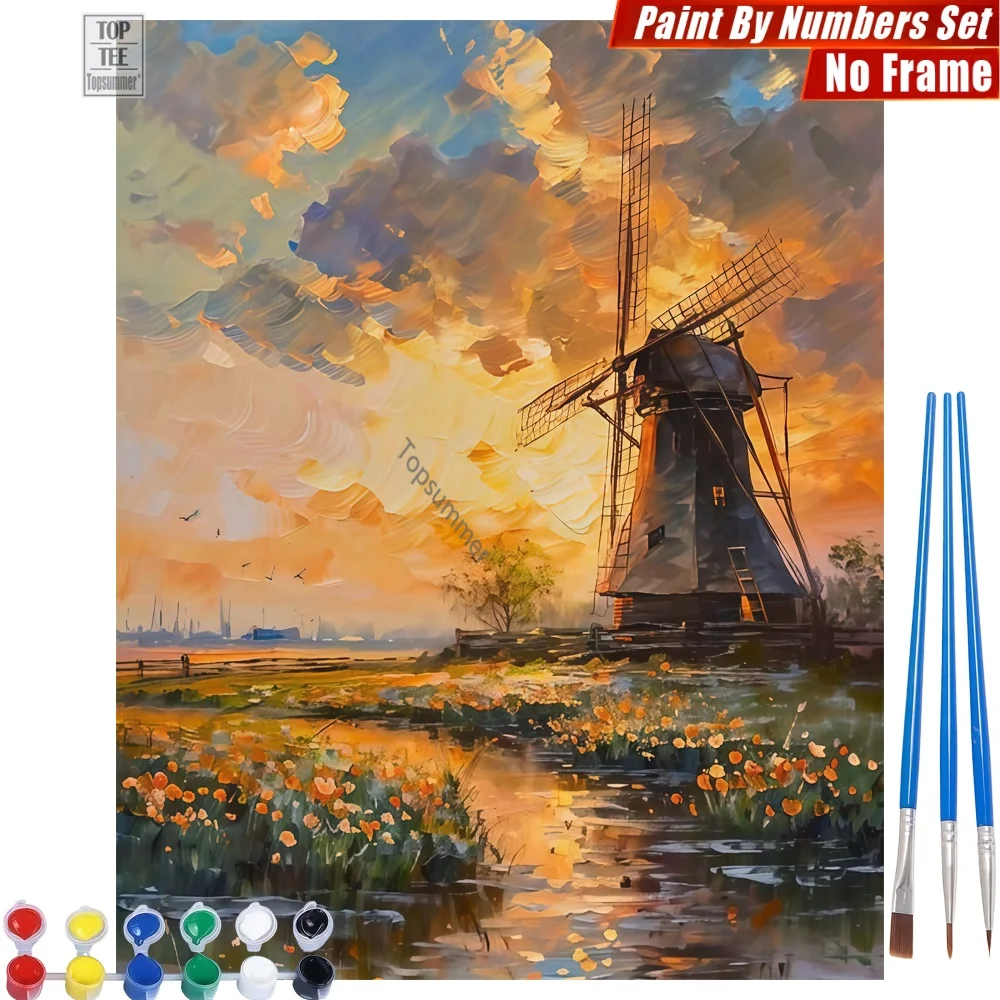 Kit de pintura al óleo digital con diseño de molino de viento y flores al atardecer - Actividades artísticas con diseño de molino de viento y flores al atardecer, regalo de Año Nuevo para papá