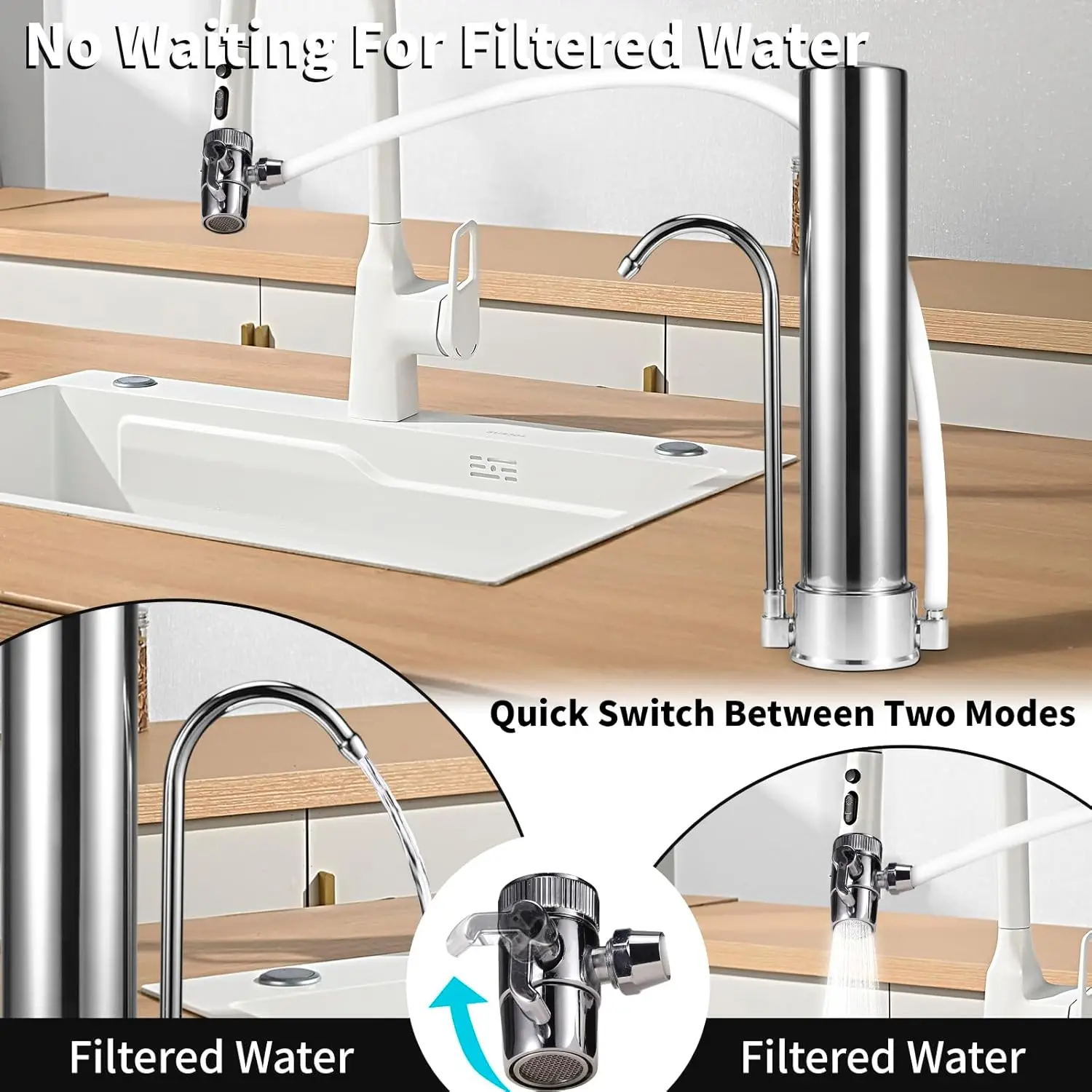 304 Stainless Steel Faucet Water Filter with Washable Ceramic Filter Element，Reduces Bacteria, Metal,Lead, Chlorine and Odor