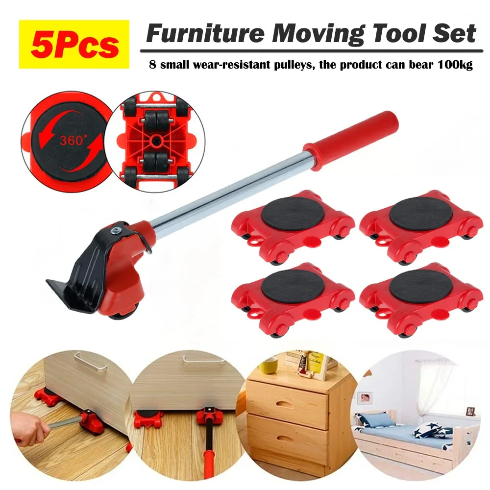 

5Pcs/Set Heavy Duty Furniture Lifter Mover Roller with Wheel Bar Moving Device Lifting Helper Furniture Moving Transport Tool