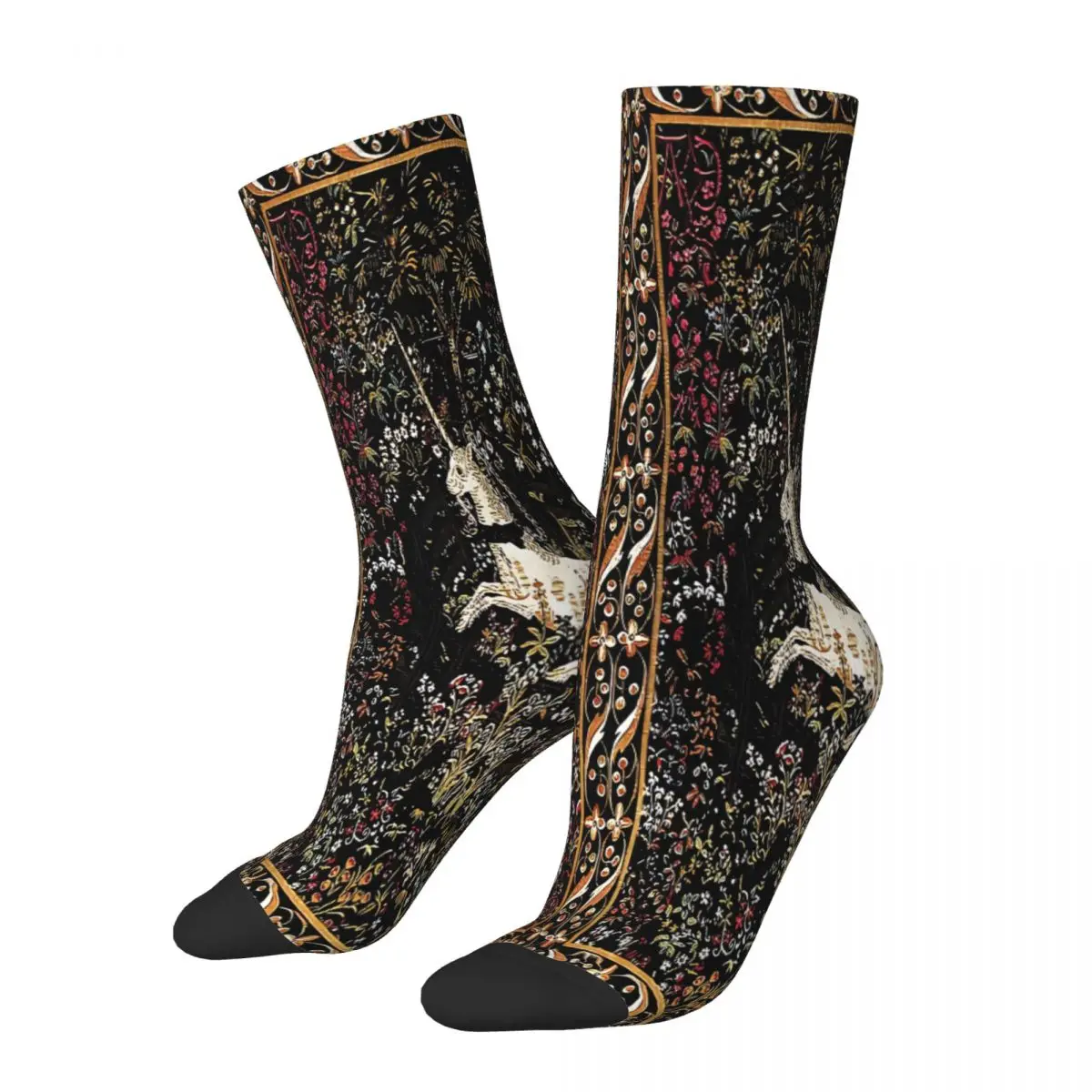 Captivity Black Floral Tapestry Unicorn Socks Male Mens Women Winter Stockings Printed