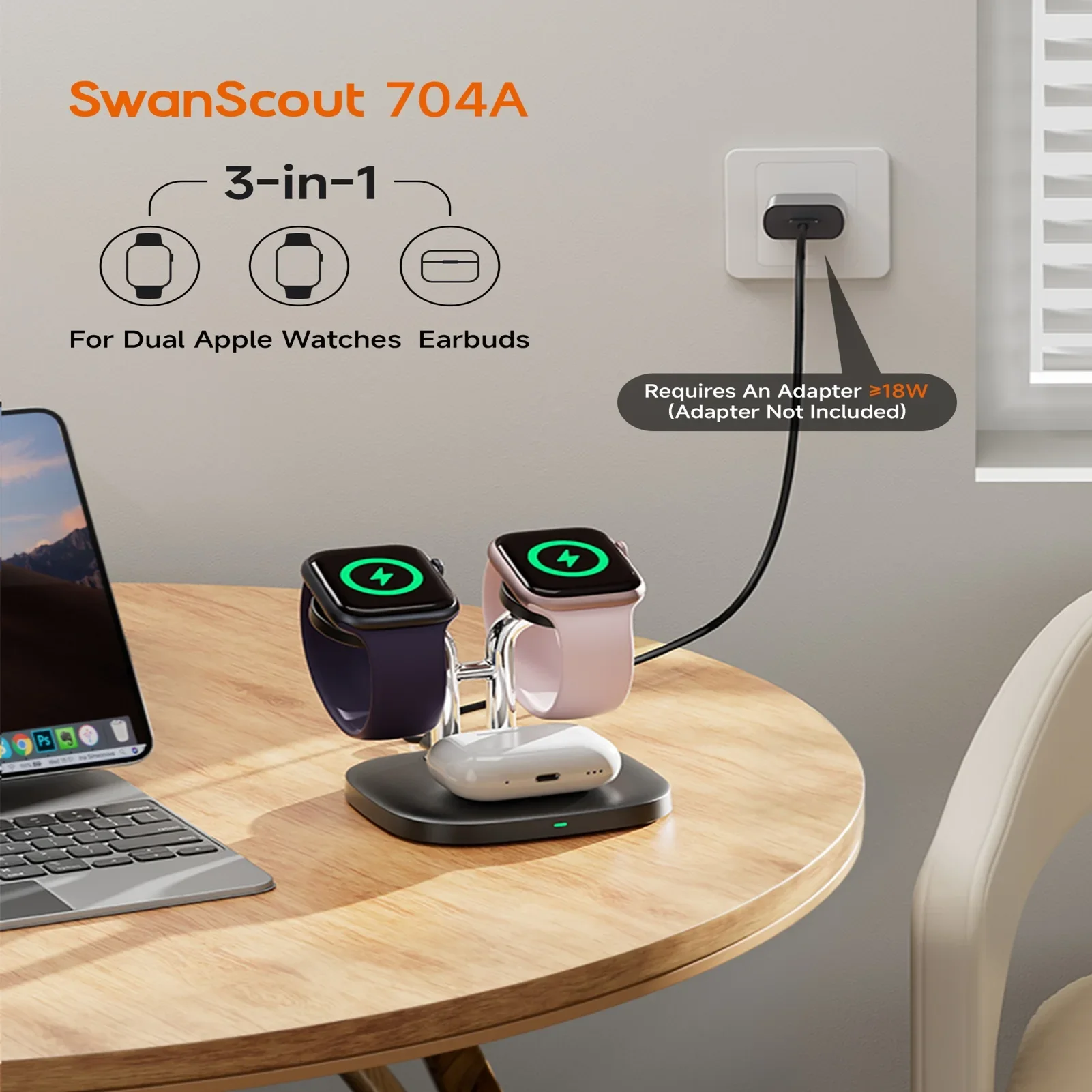 SwanScout 704A Dual Watch Charger Stand for Apple Watch Ultra 3 SE 2 11 10 9 8 7 6 Wireless Charging Dock for AirPods 4 Pro 3 2 - náhled 3