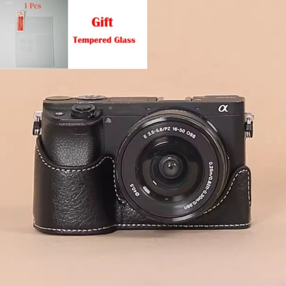 For Sony a6400 a6300 a6100 a6000 Protective case, Camera bag 6300 Half set base PU Leather case + 1 PCS Free Tempered Film