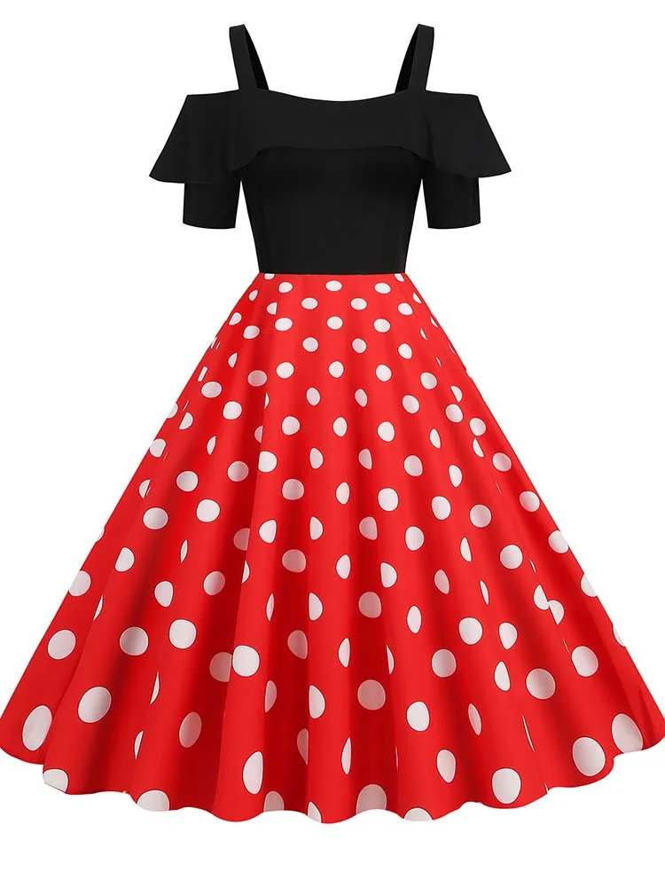 Off the Shoulder Elegant Vintage Party Dress Women Summer Polka Dot Ruffles A Line Midi Dresses