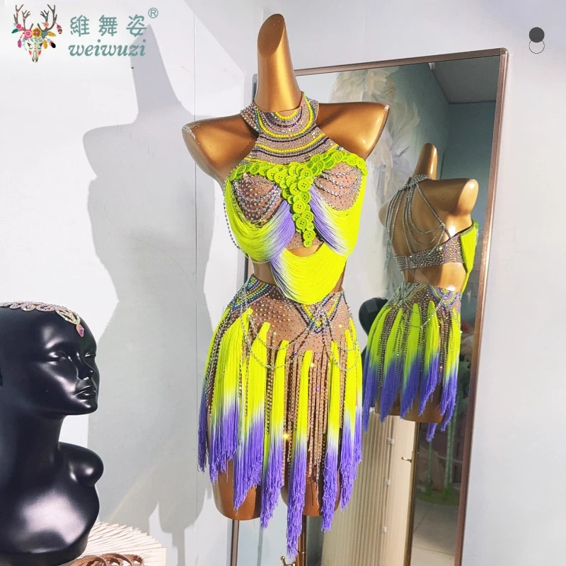 Latin Dance Dresses Customized Luxury Rhinestone Gradient Tassel Dress Adults and Children Tango Samba Rumba Competition Outfit