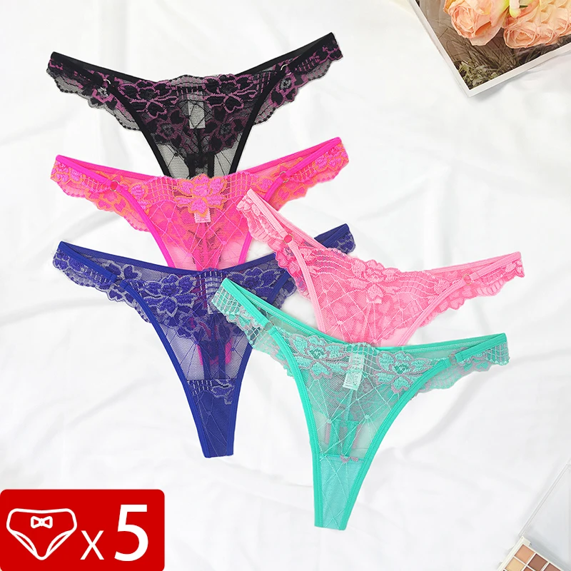 5pcs Lace Ladies G-string Perspective Floral Panties Low Waist Sexy Female Thongs Comfortable Breathable Intimate Lingerie Set