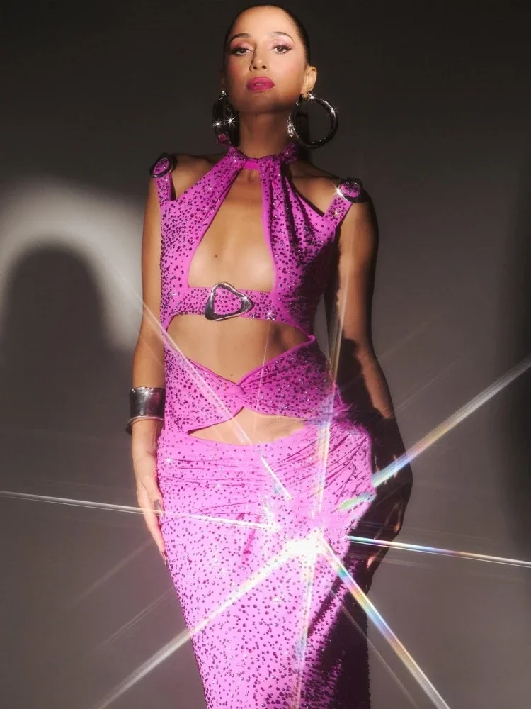 Sexy Neckholder, aushöhlen, Diamanten, langes Kleid für Damen, Rosenrot, ärmellos, Ausschnitt, Metallnadel, Kristall, figurbetonte Kleider, Abendclub