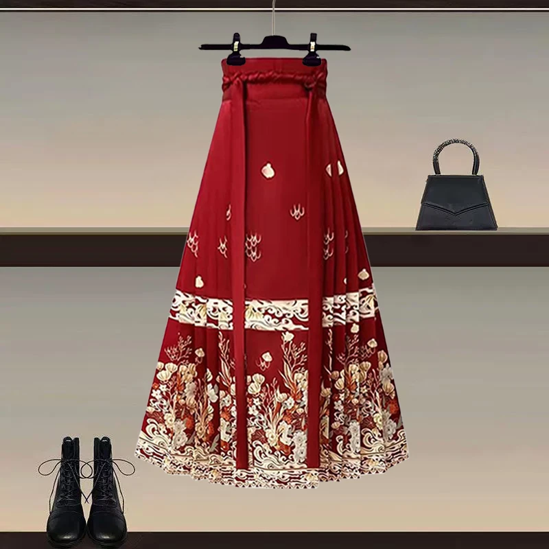 Falda Hanfu Roja de Año Nuevo para Mujer, Primavera-Otoño 2026, Nueva Falda Ma Face de Alta Gama, Versátil y Mejorada