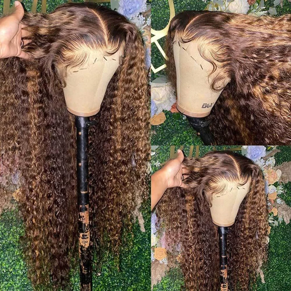 Perruque Lace Front Wig sans colle naturelle, cheveux humains, Deep Wave, blond miel, à reflets HD, 13x4, prêt à l'emploi, pour femmes