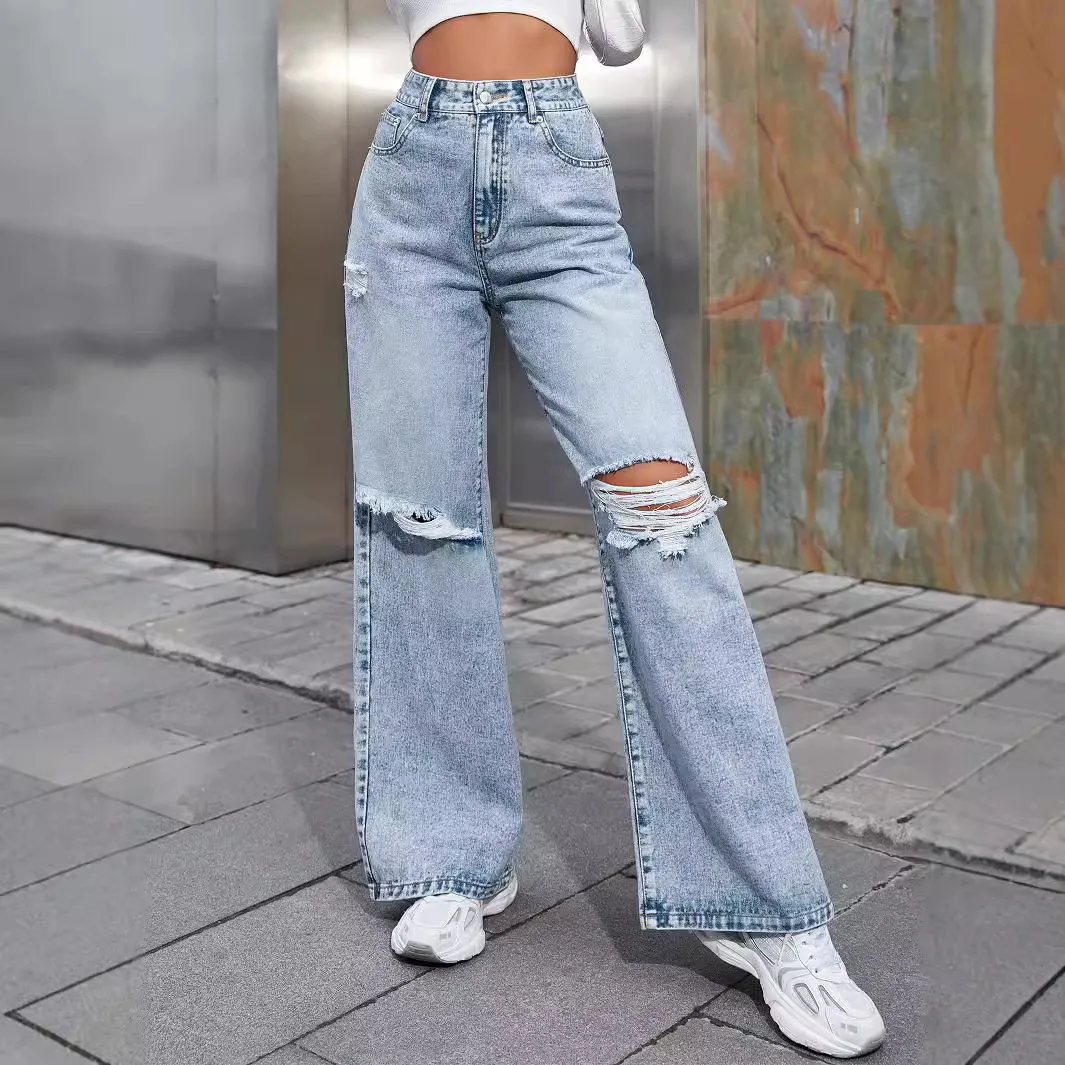 

2025 Women's Fashion Ripped High Waist Wide Leg Casual Jeans Europe and America INS