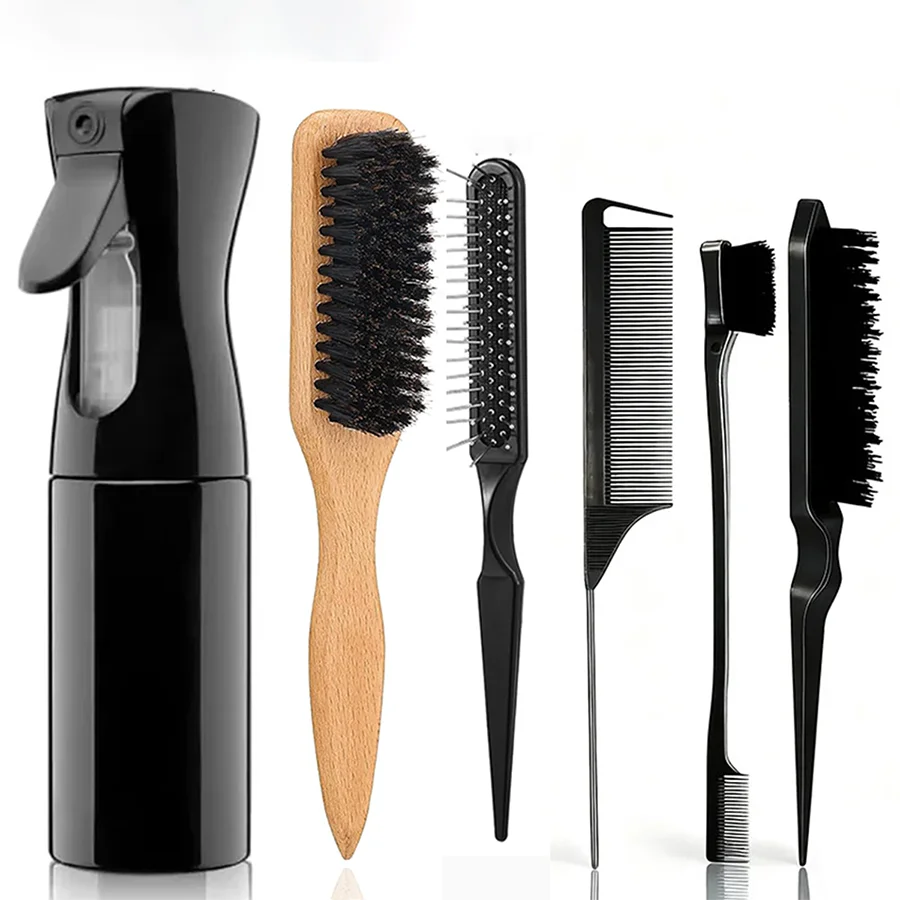 6Pcs Hair Styling Comb Set Continuous Spray Bottle Boar Bristle Brush RatTail Teasing Comb Hairdressing Braiding Tools Kit
