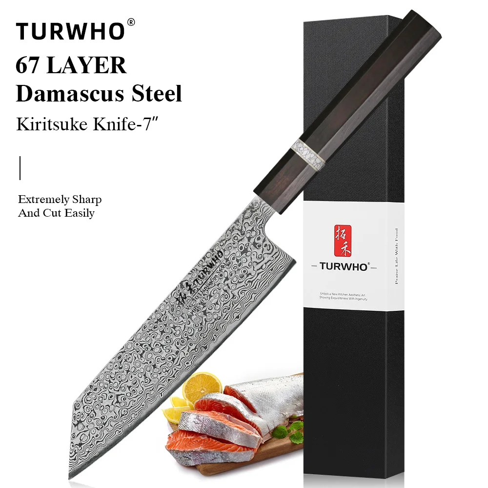 TURWHO 7 Inch Kiritsuke Knives Japanese Hand Forged Damascus Steel Professional Chef Knife Sashimi Cleaver Kitchen Cooking Tools