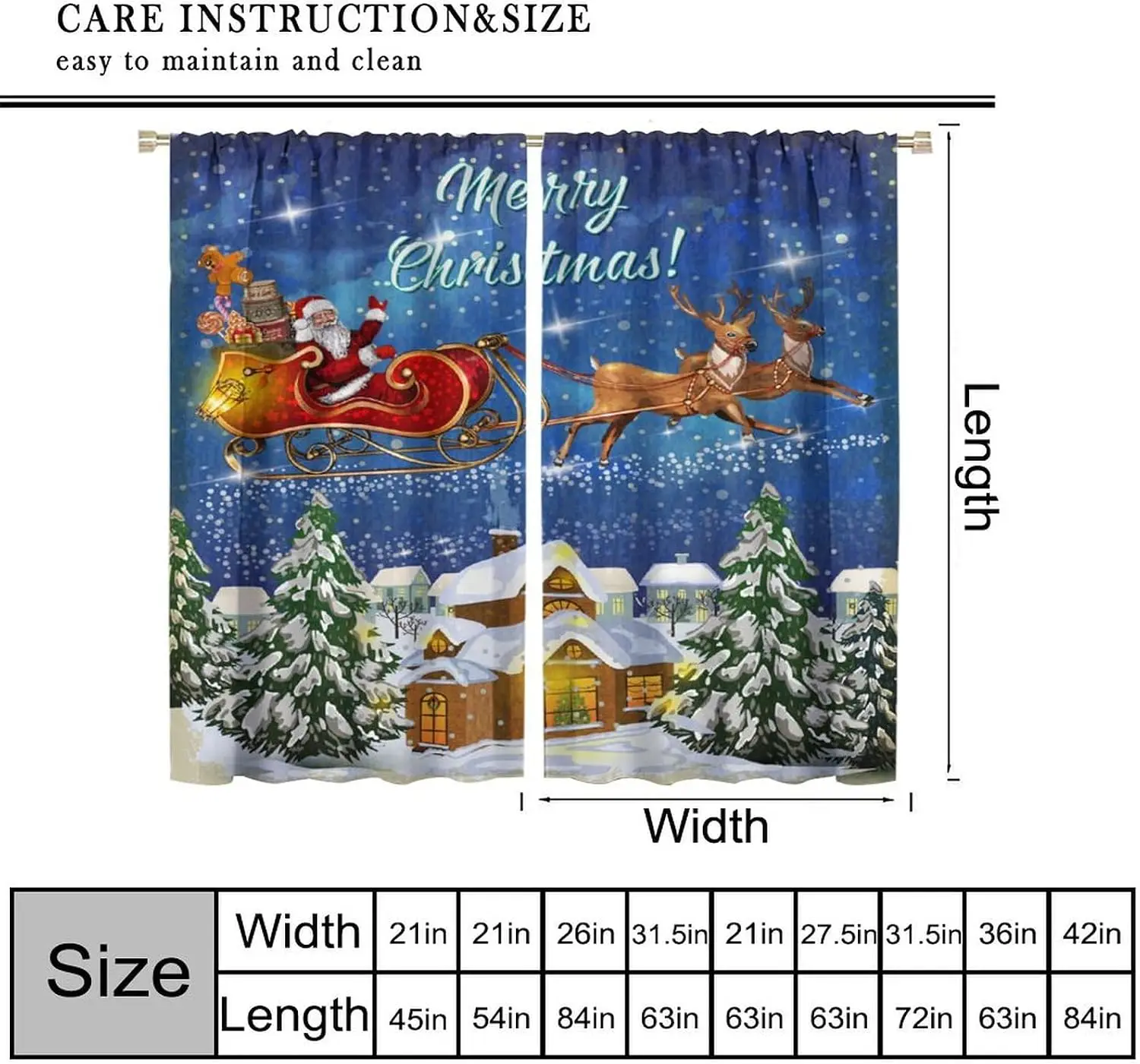 Christmas Night Santa Sleigh Curtains, Reindeer Snow Pine Village Snowflake Merry Xmas Gift Print Drapes for Living Room Decor