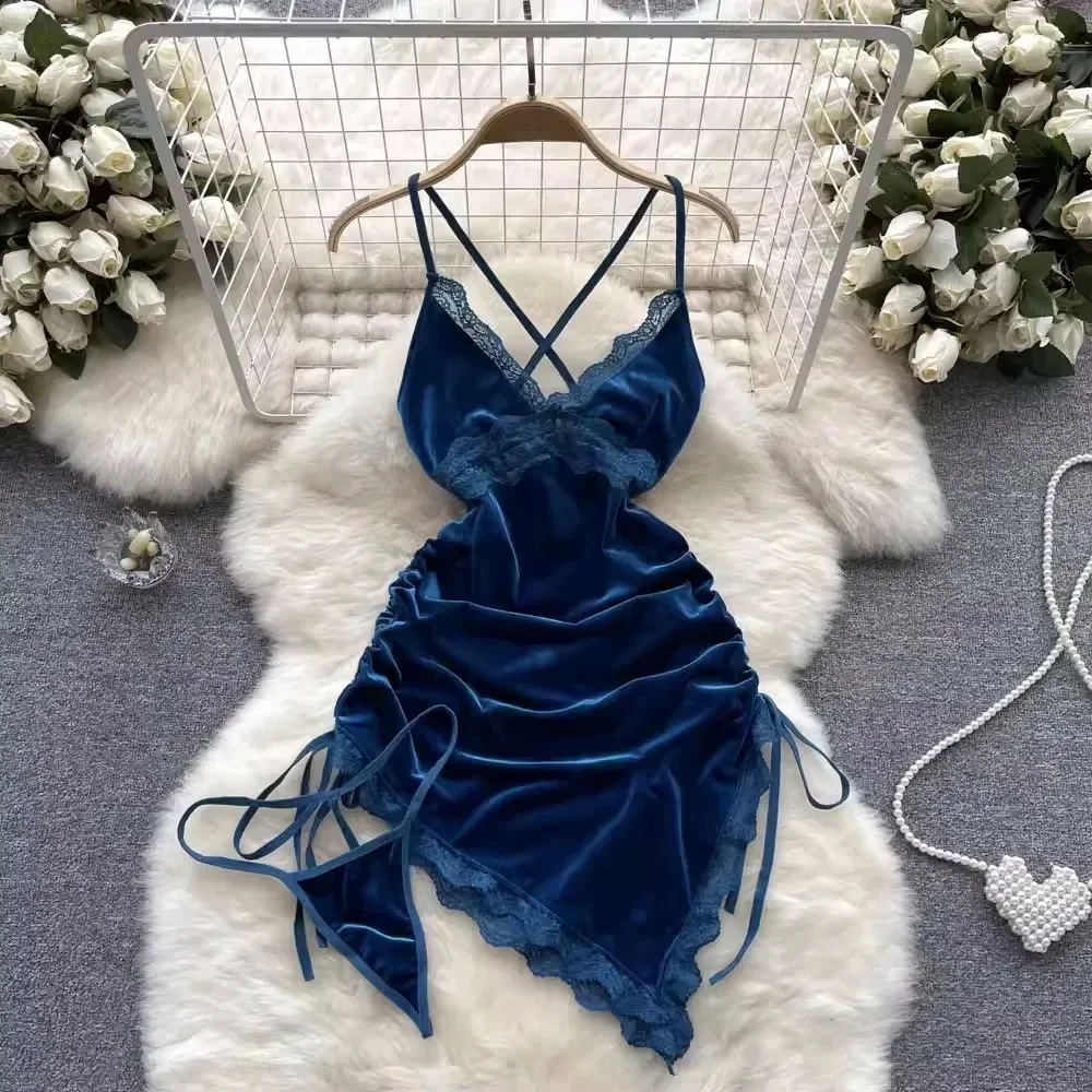 V-neck Sexy Golden velvet Hollowed Lace Backless Lingerie Tie Up Waist Cinched Sleeping Dress Women Pure Slim Cosplay Dress