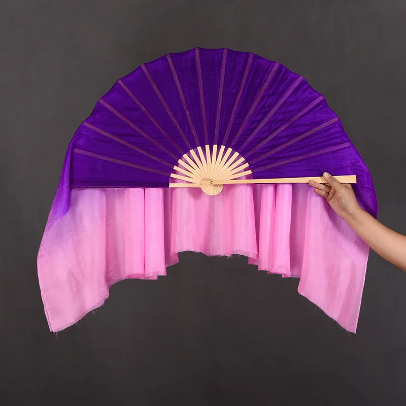 30Inch Chinese Folk Dance Silk Veil Women Yangko Dance Fan Veil Pair Real Silk Half Moon Show Props AdultsPink Purple Gradient