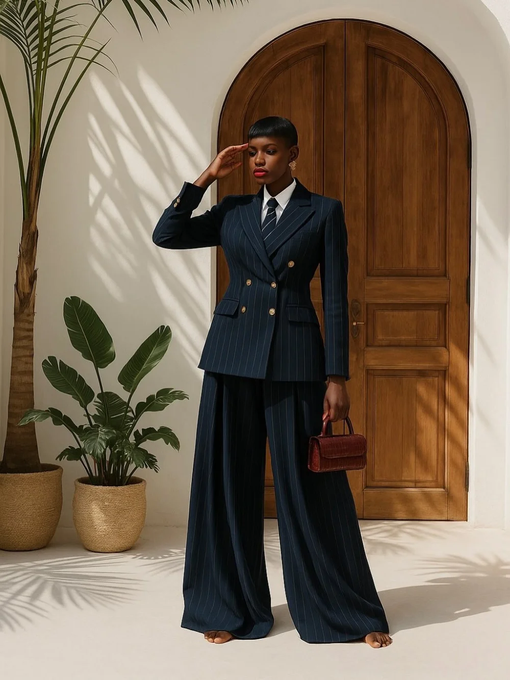 

Handmade 2 Pieces Women Suits Blazer Wide Leg Pants Peak Lapel Double Breasted Striped Fabric Business Office Women Customized