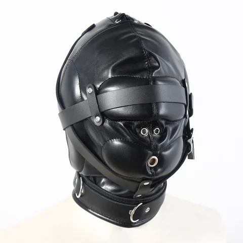 BDSM Adult Cosplay Games PU Leather Black Mask Hood Halloween Party Bondage Face Cover Sexy Fetish Full Head Hood With Lock