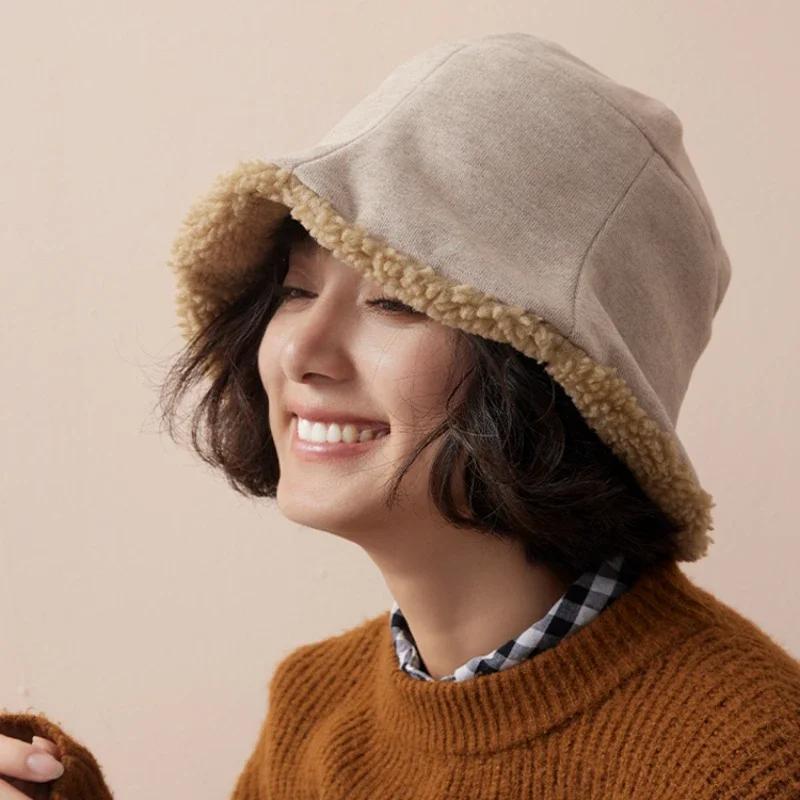 Retro Double-sided Lamb Wool Bucket Hats Women Winter High-quality Warm Versatile Literary and Simple Velvet Basin Caps for Men