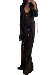 Women Sexy Sheer Mesh Bodycon Dress Long Sleeve V Neck See Through Sheer Lace Maxi Dress Patchwork Beach Party Wear