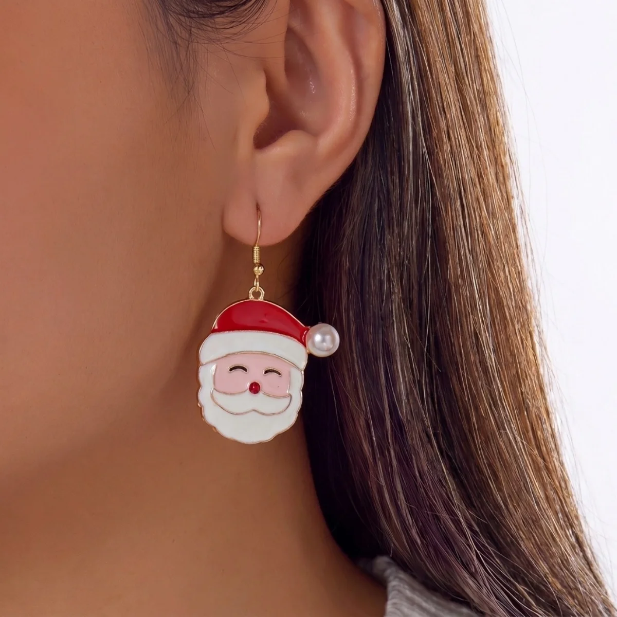 Niedliche, zwinkernde Weihnachtsmann-Ohrringe mit Bart für Damen, Cartoon-Lebkuchen-Weihnachtsbaum-Schleifen-Glühbirnen-Ohrringe, Schmuck – Detail 4