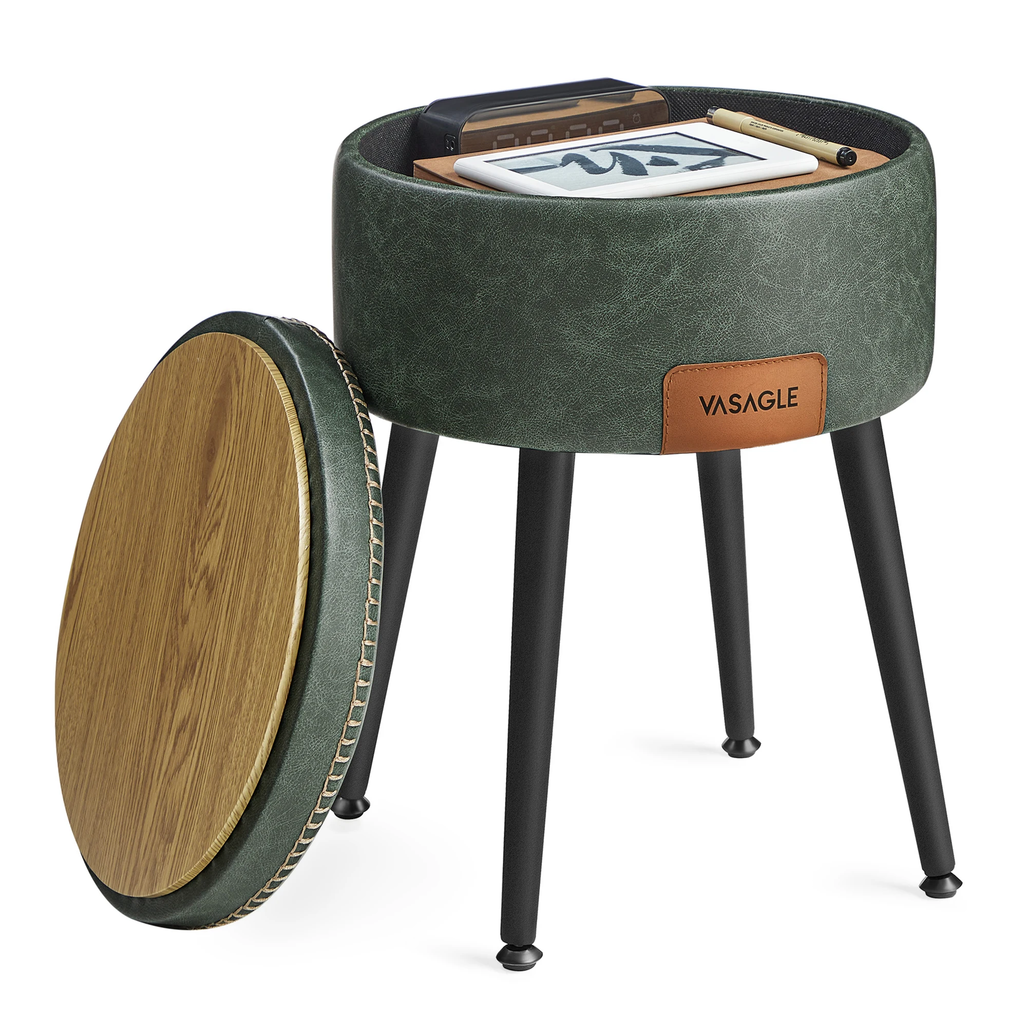 VASAGLE EKHO Collection - Storage Ottoman, Dressing Table Stool, Synthetic Leather with Stitching and steel Legs, Loads 150