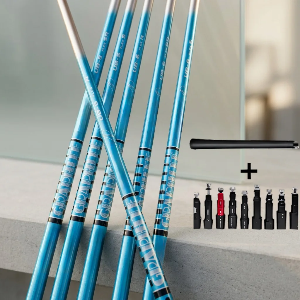 Club de golf bleu tendance avec tige en carbone, point de flexion mi-haut pour une rotation réduite et une trajectoire stable, disponible en plusieurs spécifications (5R/5Sr/5S/6R/6Sr/6S), livré avec adaptateur standard et poignée intégrée à la tige.