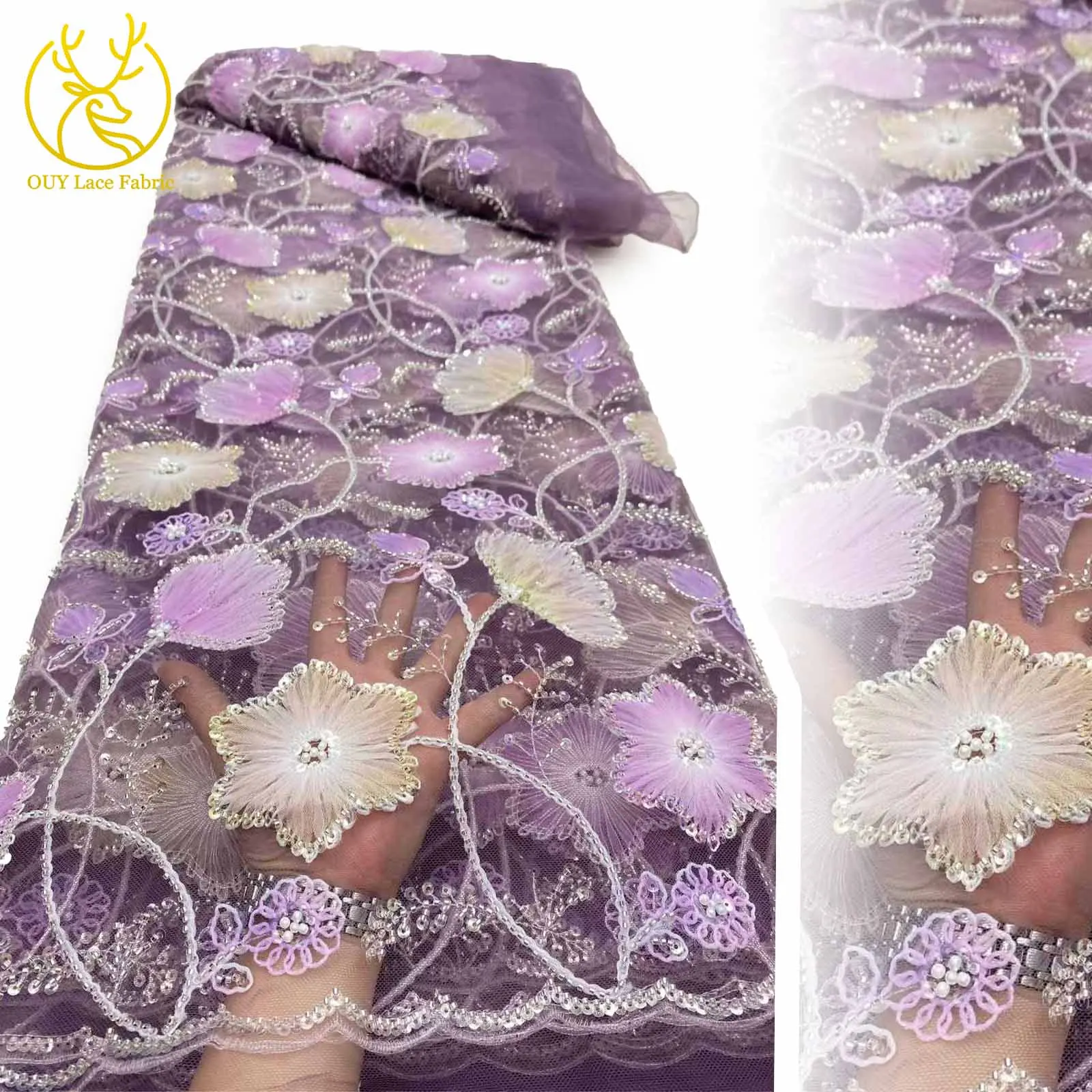 

European Elegant Design Sequin Lace Mesh Lace Fabric 2025 African French Beaded Lace Fabric Women's Wedding Dress Sewing 5 Yards