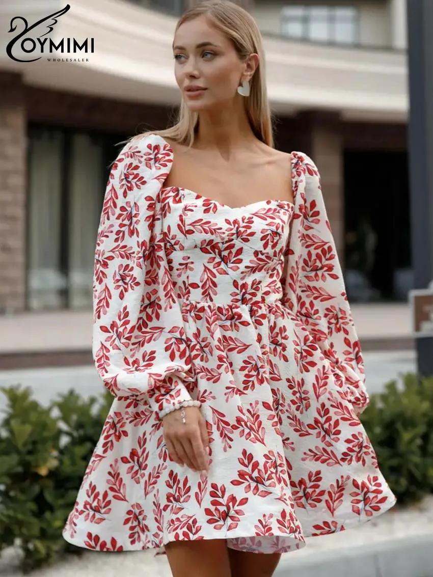 Oymimi Causal Red Print Women's Dress Elegant Square Neck Long Sleeve Lace-Up Dresses Fashion Open Back Mini Dresses Streetwear