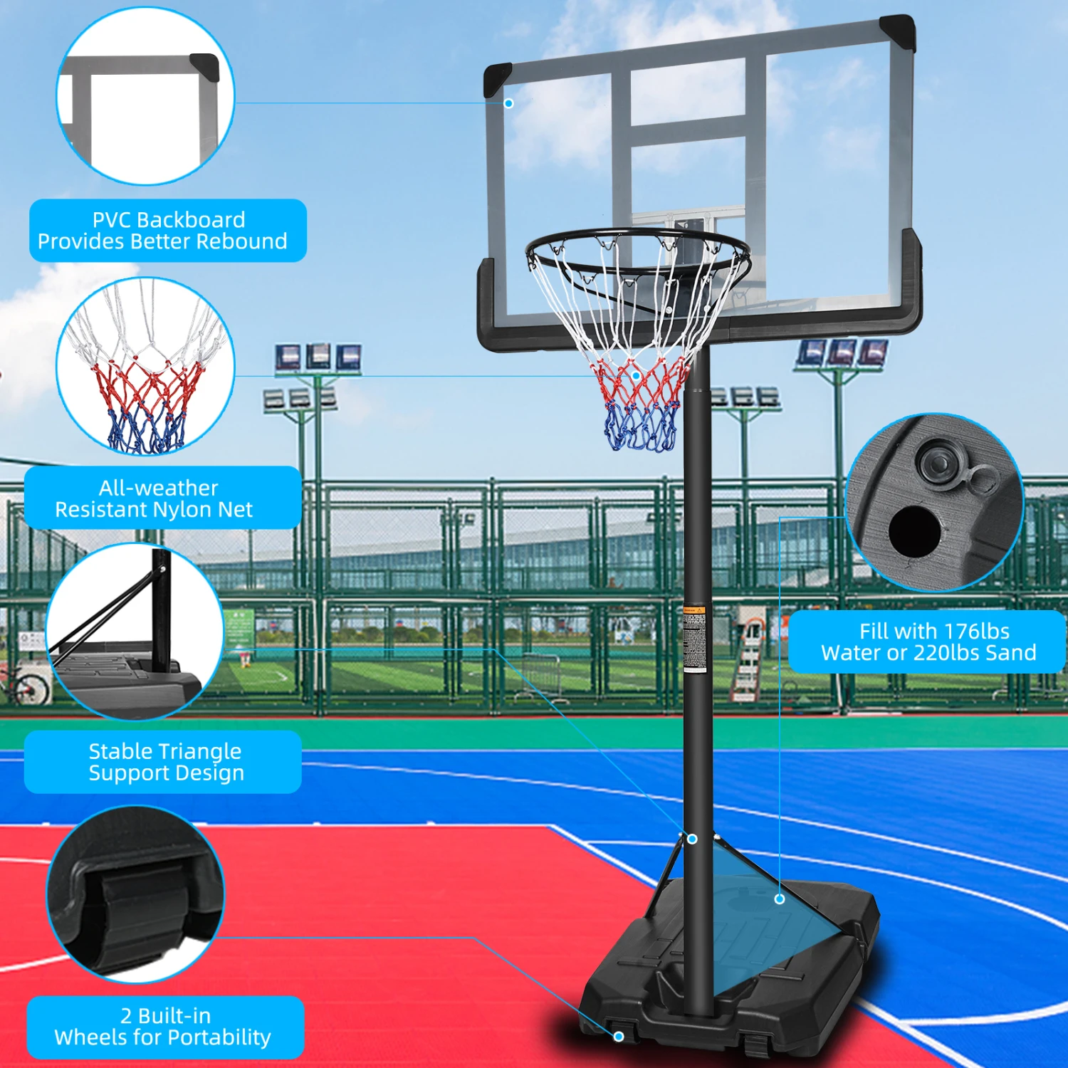 

Height Adjustable Portable Basketball Hoop Stand - 6.6ft to 10ft, 44 Inch Backboard, Wheels - Adults Teens Outdoor Indoor Game S