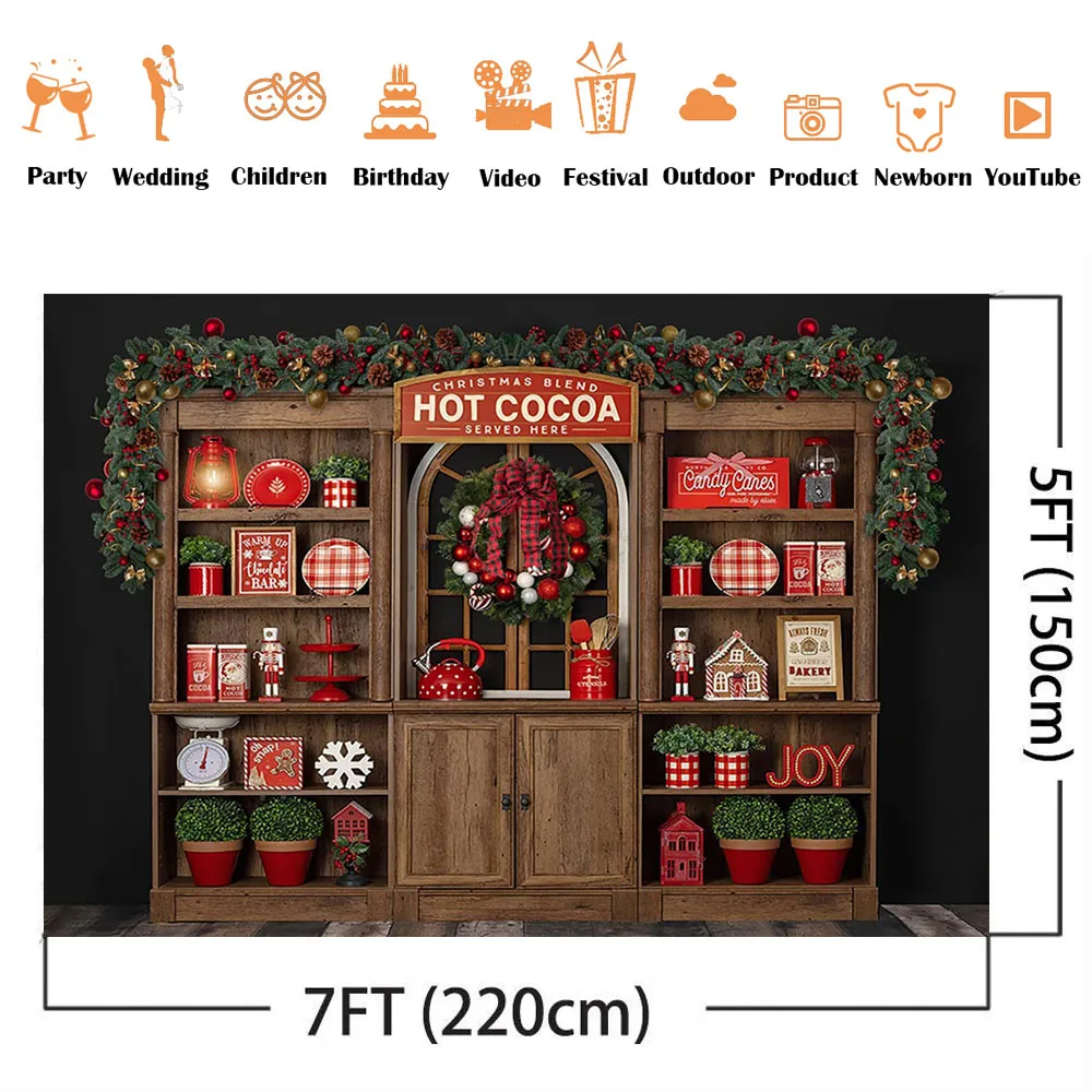 คริสต์มาสโกโก้ร้อน Shop ฉากหลังสำหรับถ่ายภาพห้องครัวตู้เด็กพื้นหลังสำหรับ Photo Studio Photocall ไวนิล