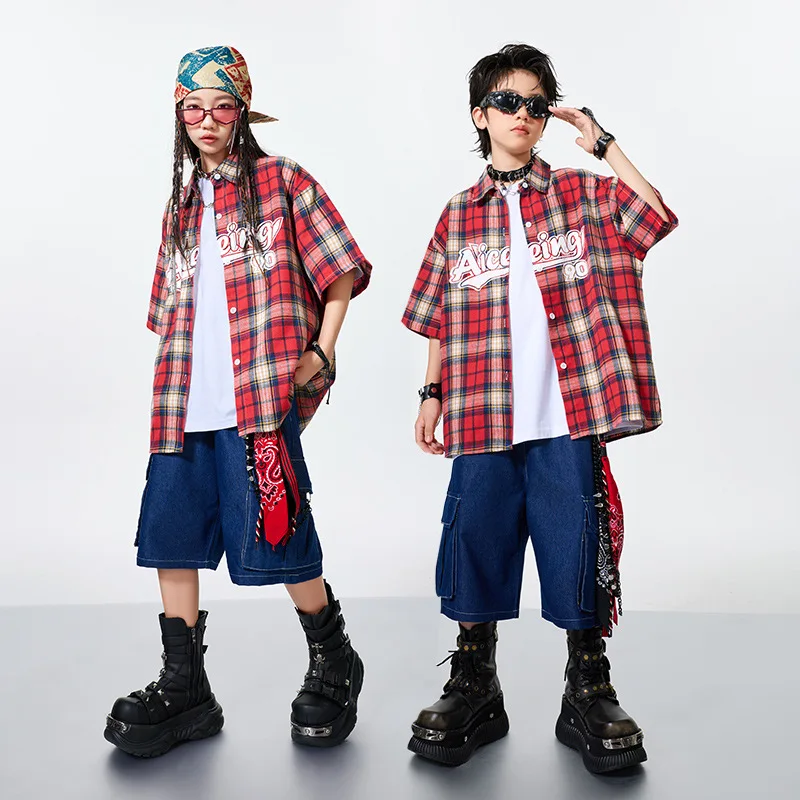 Jongens Ballroom Hip Hop Danskostuums Meisjes Losse Geruite Shirt Denim Shorts Set Mode Streetwear Groep Jazz Prestaties Slijtage