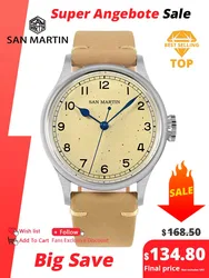 San Martin 38.5mm Men's Mechanical Watch NH35 Vintage Pilot Simple Fashion Wristwatch Baked Varnish Blue Hands 10 Bar Clock