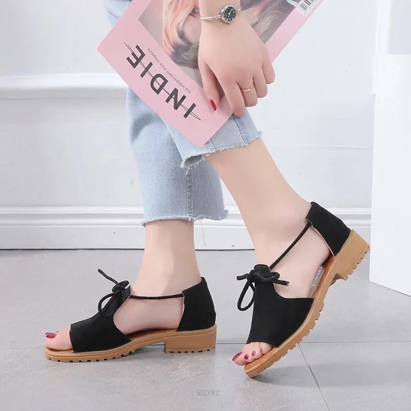 Peep Toe Square heel sandals women 2019 new summer shoes women Roman Simple Student flat Suede Riband Open toe Block Heel shoes