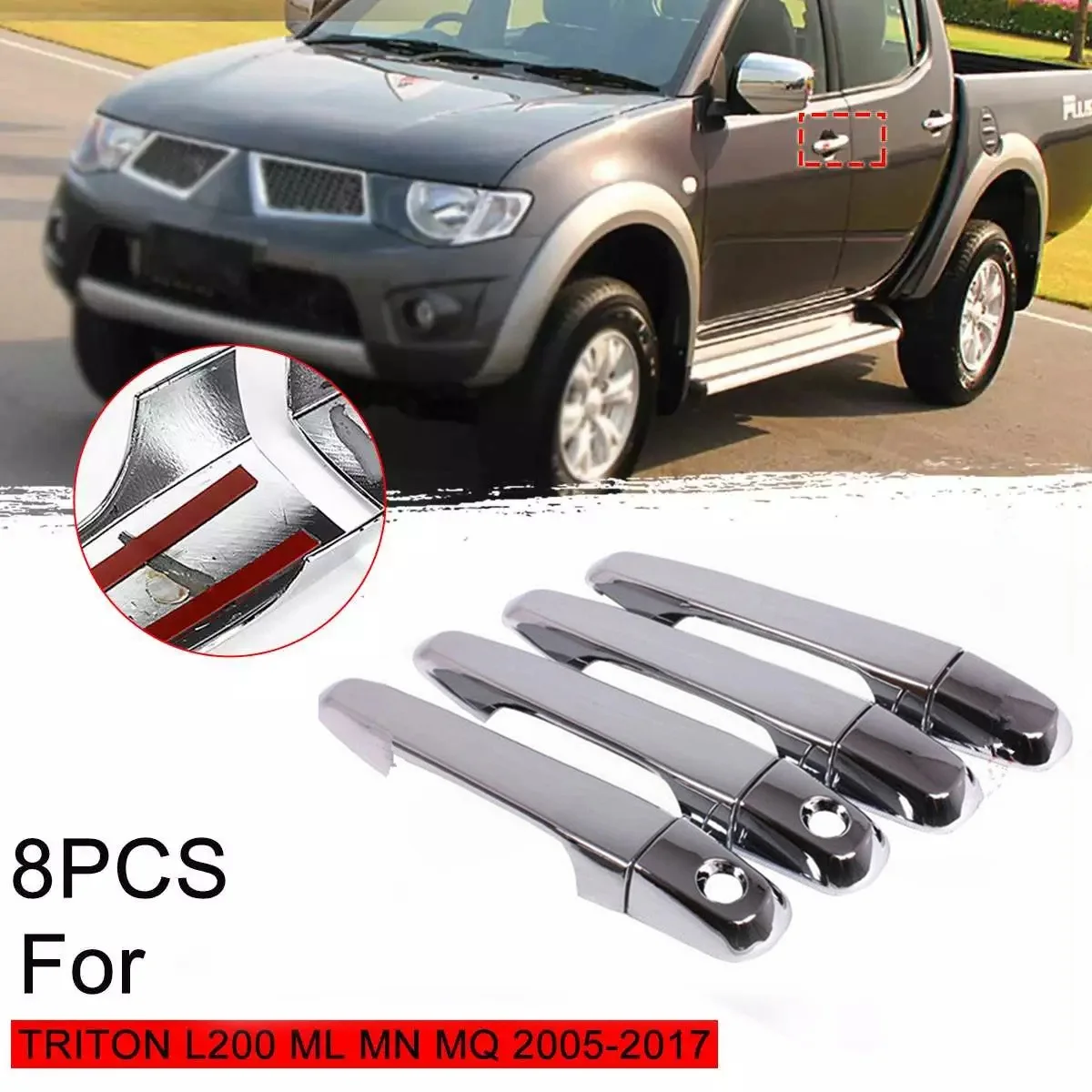 8Pcs for Mitsubishi L200 Triton Pickup 2006-2014 Chrome Door Handle Cover Trim