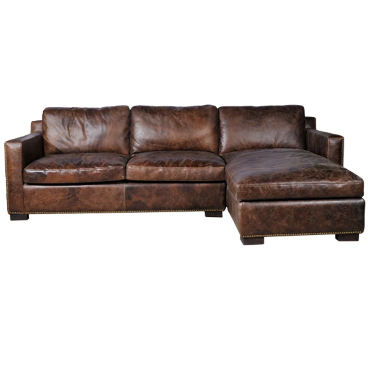 

Rustic Retro Antique Leather Sectional Sofa Set With Chaise For Hotel