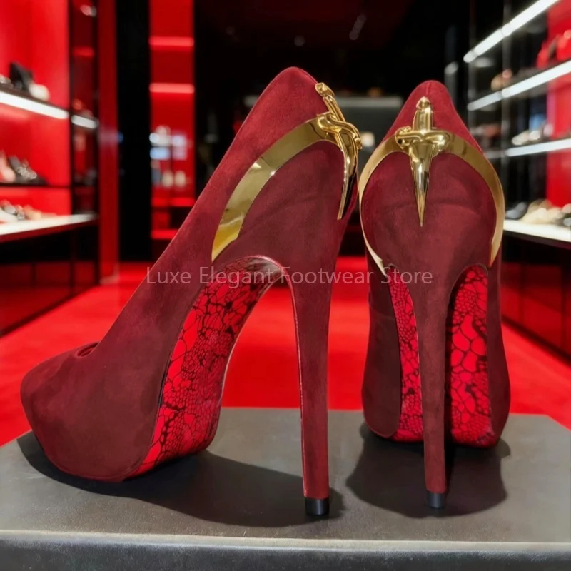 

Red Sword Shaped Pointed Toe Stiletto Pumps Women Metal Decor Patent Leather Shallow High Heels Luxury Elegant Dress Party Shoes