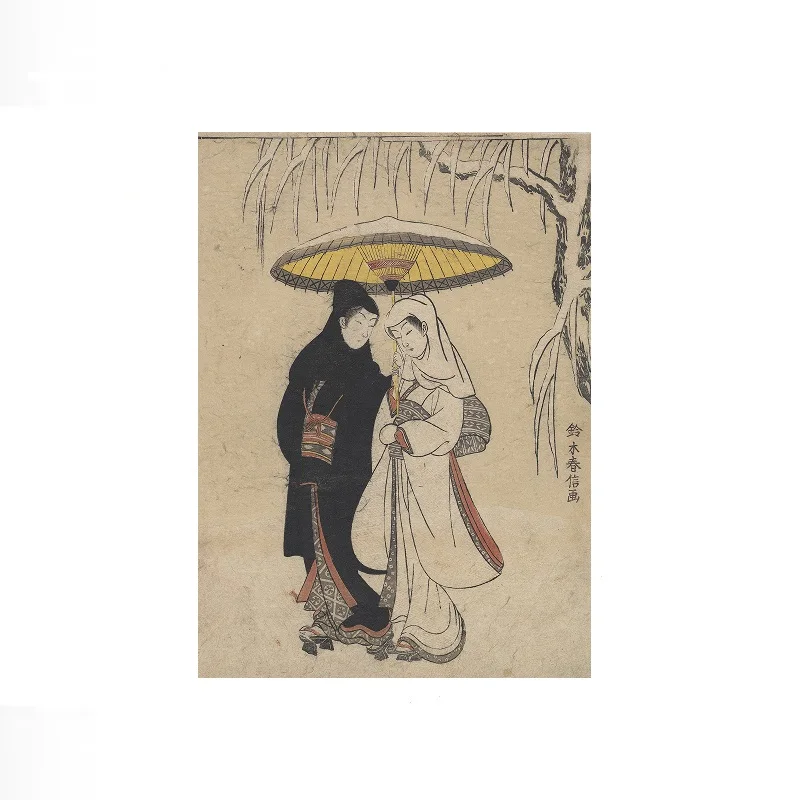 Young Lovers Walking Together under an Umbrella in a Snow Storm (Crow and Heron) Suzuki Harunobu , Art Print Canvas Poster
