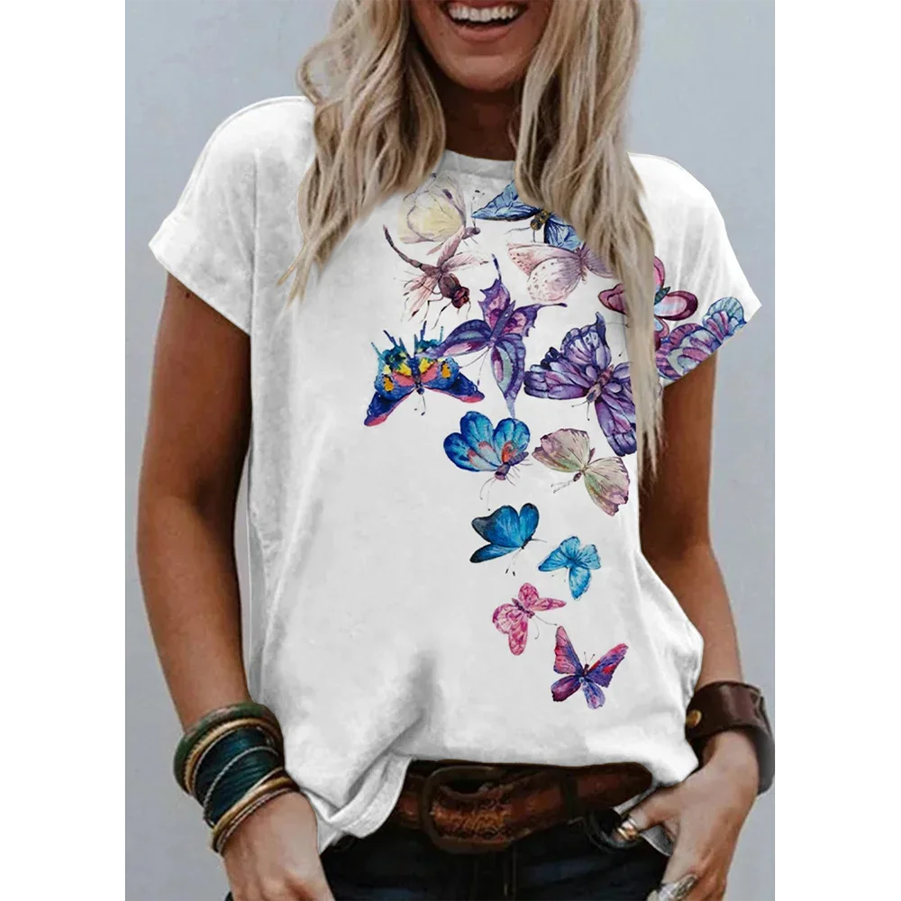 Summer Ladies 3D Print Fun butterfly short sleeve o collar fashion women's T-shirt top Casual sportswear Women's casual T-shirt