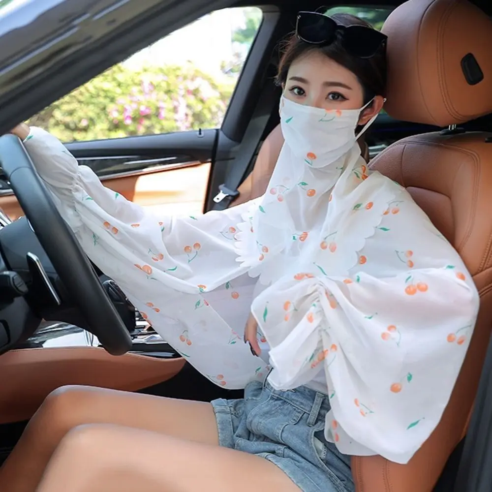 

Cooling Sleeves Summer Sunscreen Sleeves Transparent Long Sleeve Flower Arm Sleeves Floral With Mask Veil Women Chiffon Shawls