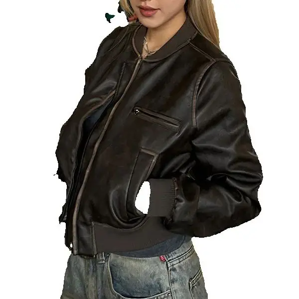 Made Old American Short Motorcycle Leather Jacket For Women New Retro Maillard Jacket Long Sleeve Versatile Top