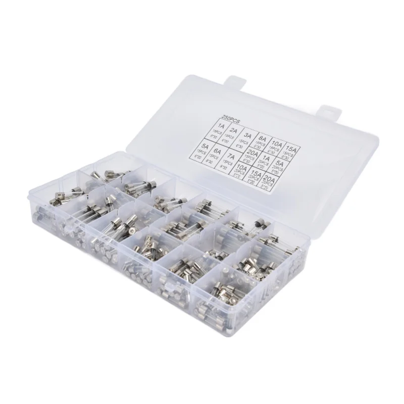 250Pcs Glass Fuse Boxed Car Fast Blow Tube Assortment Kit 15 Kinds Of Specifications 1-20A 250V