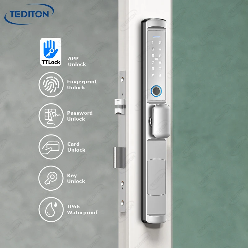 Tediton-puerta de madera de vidrio zigbee, biométrica, huella dactilar, impermeable, exterior, Europeo, aluminio, cerradura inteligente, wi-fi